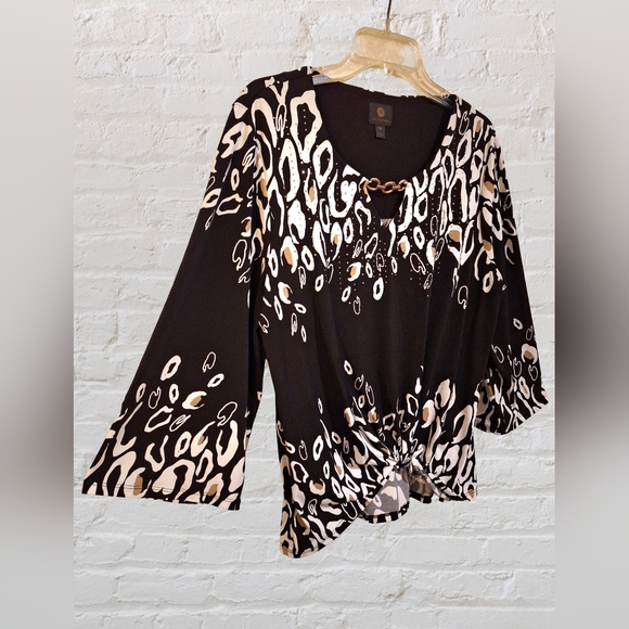 JM Collection black, tan & white teardrop swirl top, gold beads shirt Sz. PXL - Picture 2 of 6